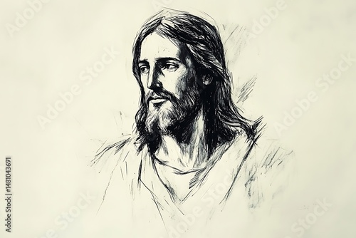 A sketch of Jesus Christ, thoughtfully designed with minimal detail, set against a blank white canvas