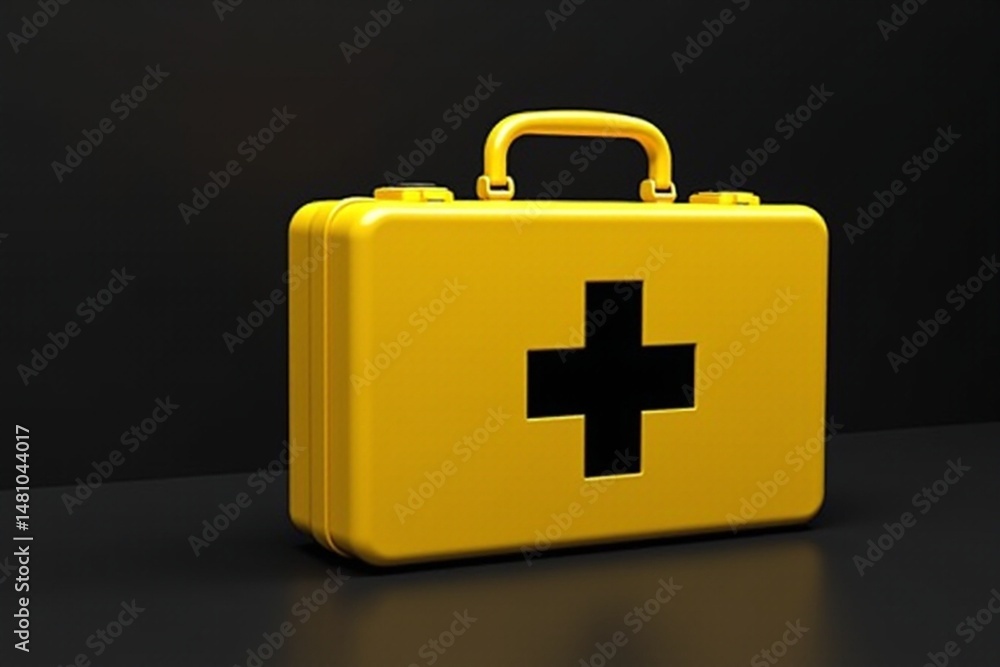 Obraz premium Yellow first aid kit positioned on a black shelf, ideal for medical, healthcare, emergency, safety, preparedness, and disaster management themes.