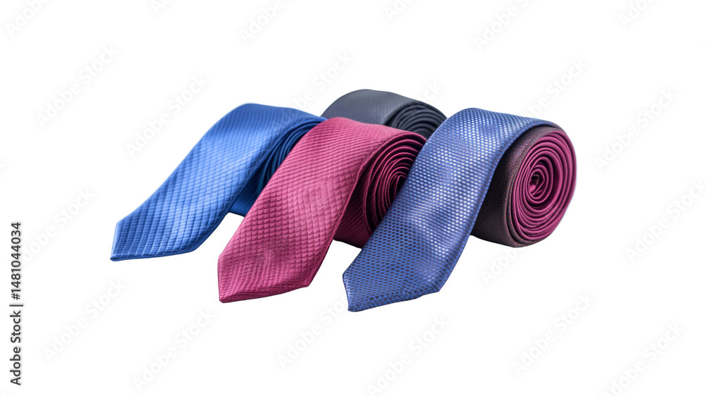 Three Rolled Neckties in Blue, Pink, and Gray Fashion Accessory Studio Shot Three Rolled Neckties in Blue, Pink, and Gray Fashion Accessory Studio Shot