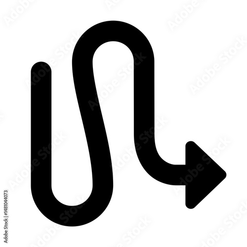 Black winding arrow pointing downward indicating a detour or a complex path on a white background image