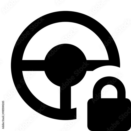 Black steering wheel with a lock symbol indicating locked steering and vehicle security feature present