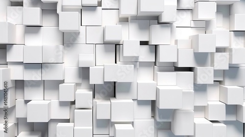 Abstract White Cube Background with Randomly Arranged 3D Shapes