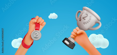 Winner Hands Holding Silver Trophy and Medal on Blue Sky Background, Celebrating Second Place Victory and Achievement. 3D Cartoon Style. Vector Illustration