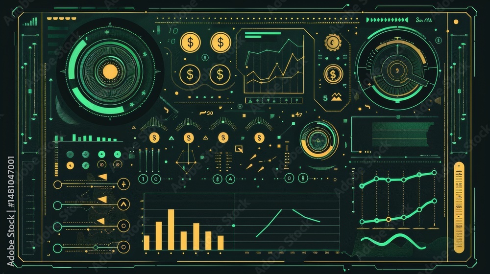 flat design finance dashboard with coins and upward arrows green and gold . flat design finance dashboard with coins and upward arrows green and gold .