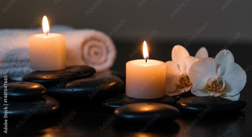 Spa arrangement representing relaxation and wellness with candles stones and orchid Spa arrangement representing relaxation and wellness with candles stones and orchid