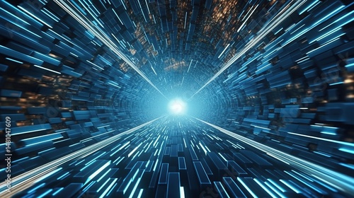 Abstract futuristic sci fi warp tunnel with particle grid. Generative AI