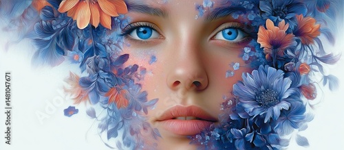 A beautiful woman with blue eyes and colorful flowers on her face, against a white background.