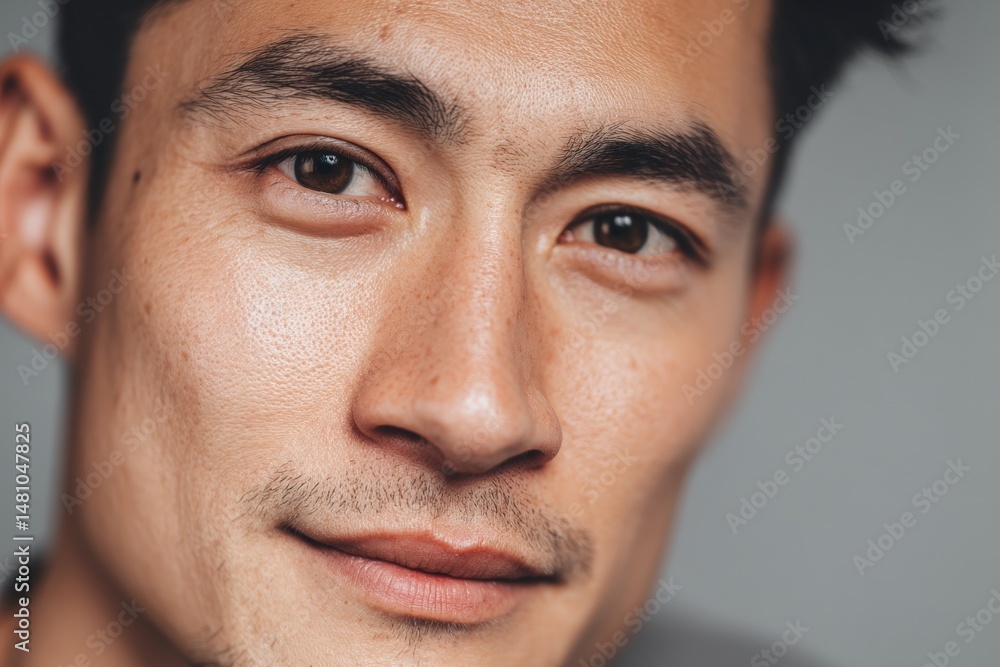 Fototapeta premium Close-up portrait of a man with short dark hair, well-groomed eyebrows, and slight facial hair. He has a mild smile and smooth skin, conveying a confident and approachable demeanor