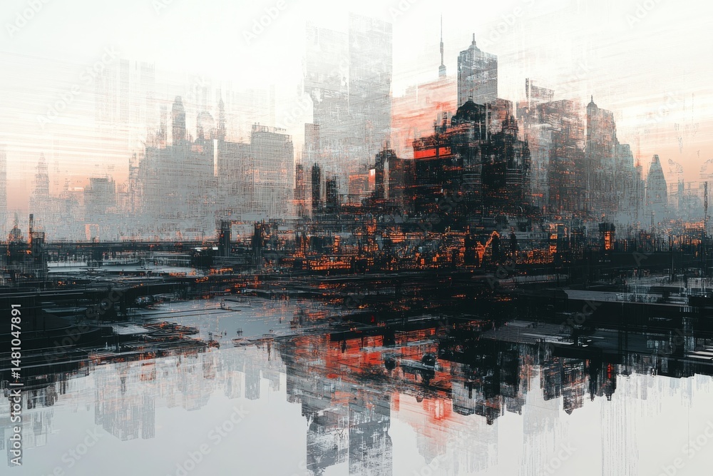 Fototapeta premium Urban landscape with partial glitch art effect reflecting creative abstract design for digital projects