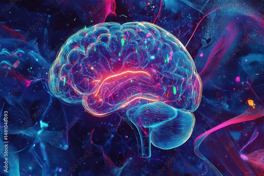 Fototapeta premium A vibrant digital illustration of the human brain with glowing neon lights, set against an abstract background of interconnected lines and data points symbolizing artificial intelligence Generative AI