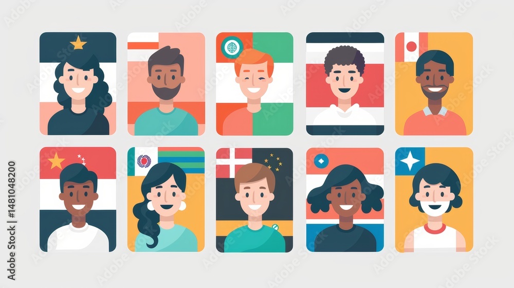 flat design global team video call with diverse avatars and flags . flat design global team video call with diverse avatars and flags .
