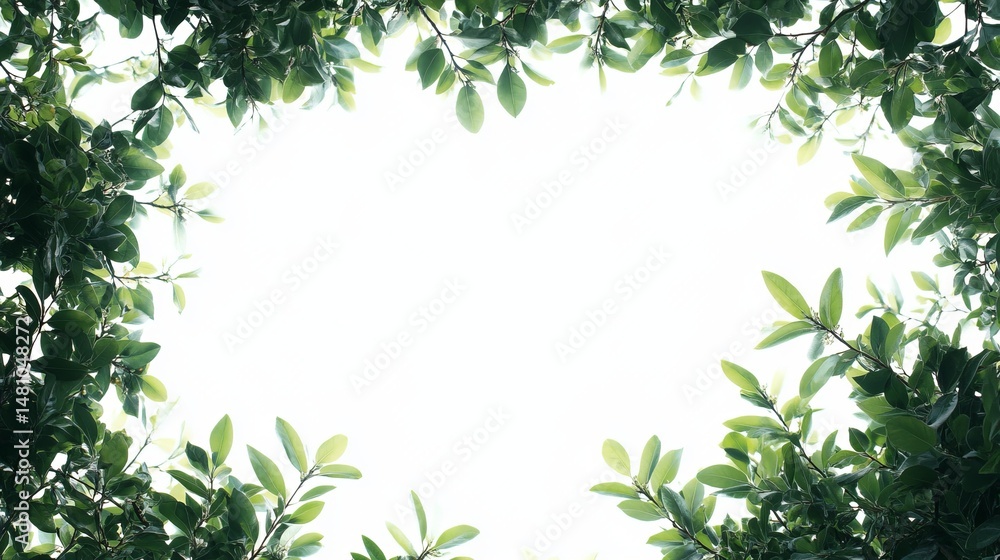 Naklejka premium Vibrant Green Leaves Natural Frame Spring Summer Lush Foliage White Background Botanical Illustration Fresh Greenery Organic Nature Design Element 