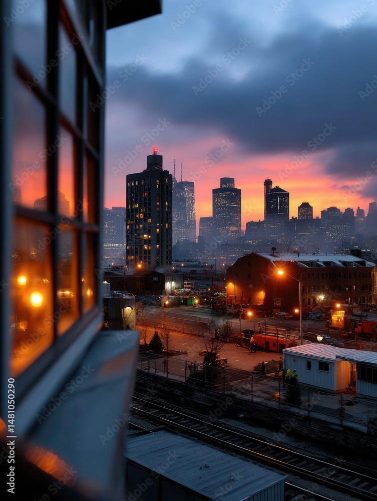 Fototapeta premium Cityscape at Sunset with Tall Buildings and Urban Lights in a Modern Downtown Area
