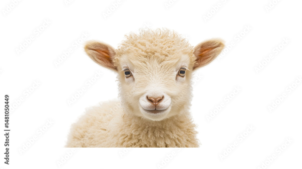 Fototapeta premium Adorable Fluffy Lamb Close-Up Portrait Against White Background