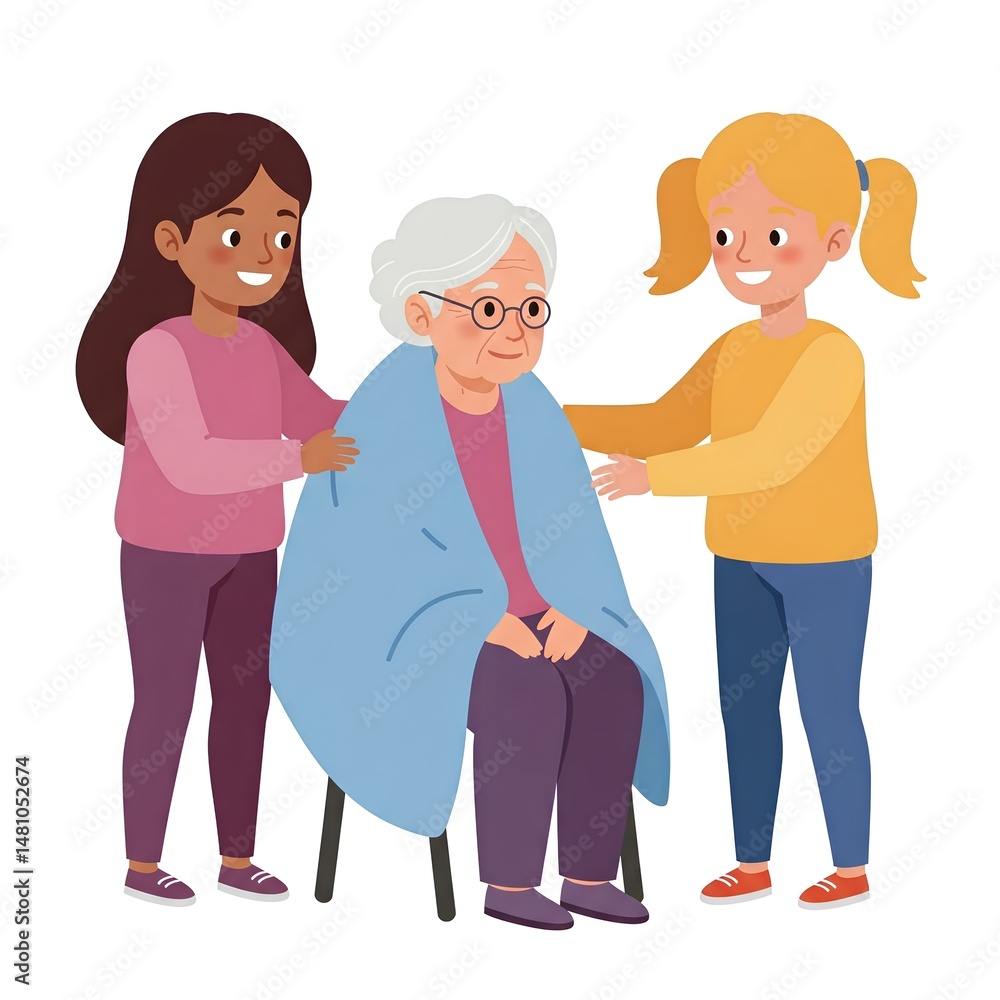 Obraz premium Caring Grandchildren Tenderly Assisting Elderly Grandmother Wrapped in a Warm Blanket Illustrating Family Love Generosity Support Elderly Care Intergenerational Relationships