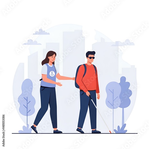 A visually impaired man walks with a guide in a city park assisted by a volunteer using a cane navigating the urban landscape together demonstrating inclusion and support.