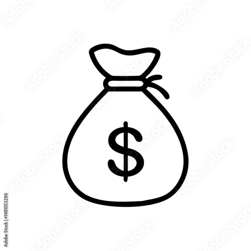 Money bag icon representing savings and wealth, minimalistic design in black and white