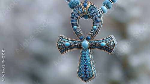 A detailed turquoise ankh pendant on a blue beaded necklace, blurred background