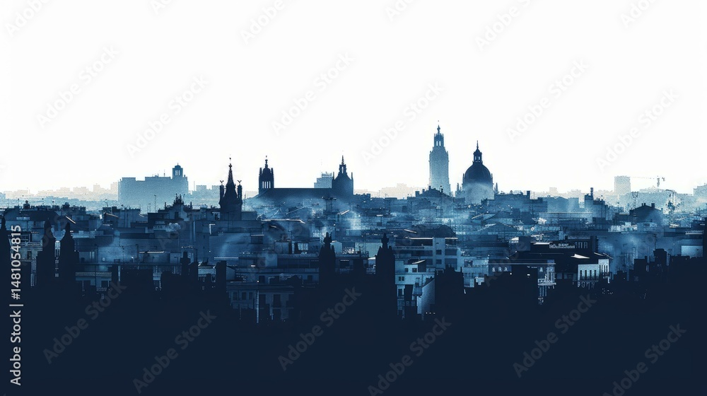 Naklejka premium Madrid skyline silhouette in navy blue showcasing iconic architecture and urban landscape, Spain panorama