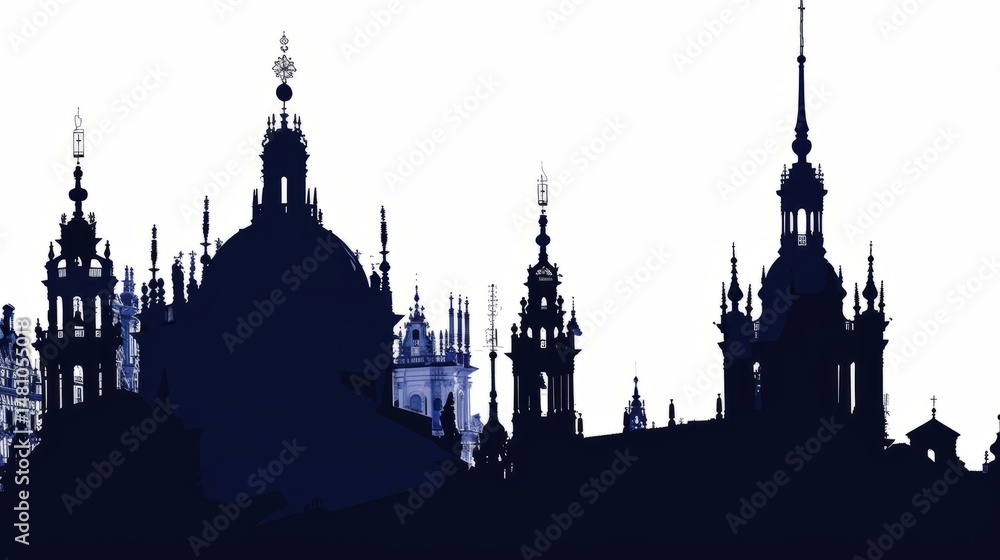 Fototapeta premium Seville skyline silhouette in navy blue highlighting iconic architectural features of historic Spain.