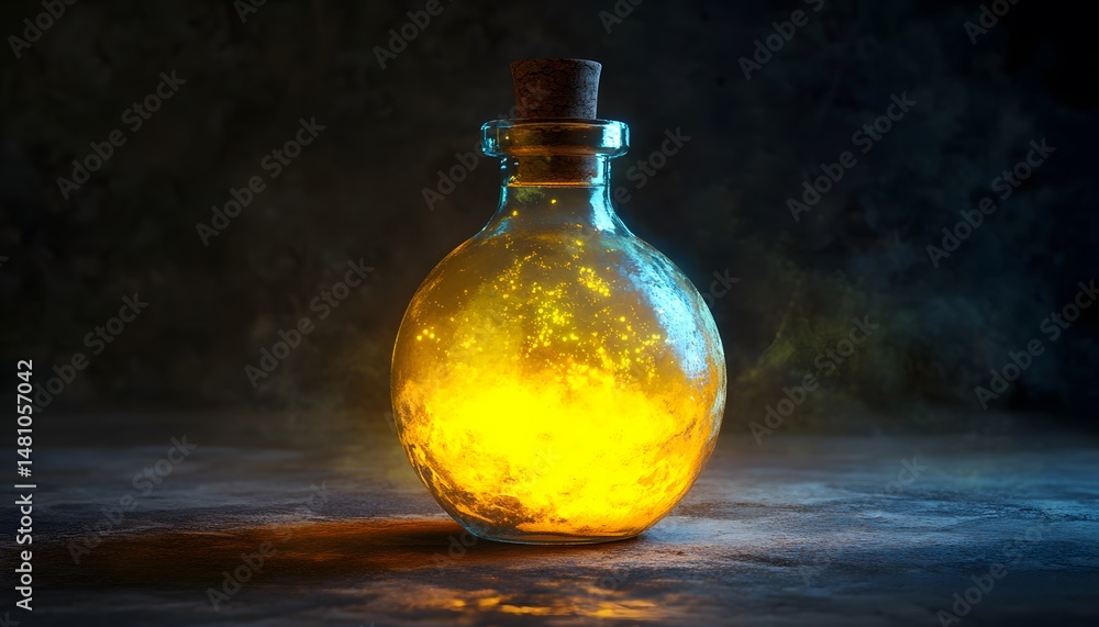 Mysterious glowing potion in a glass bottle. Mysterious glowing potion in a glass bottle.