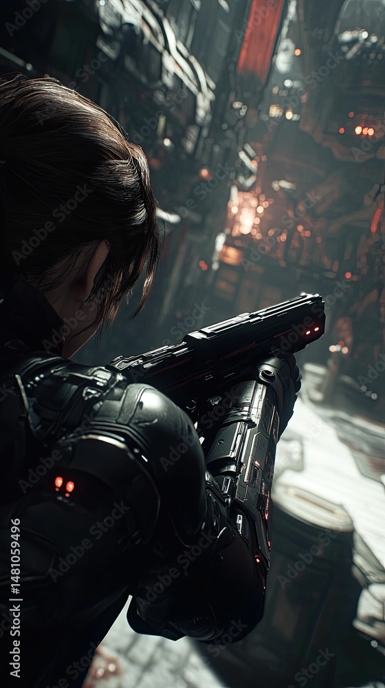 Naklejka premium Futuristic soldier aims weapon, urban combat scene.