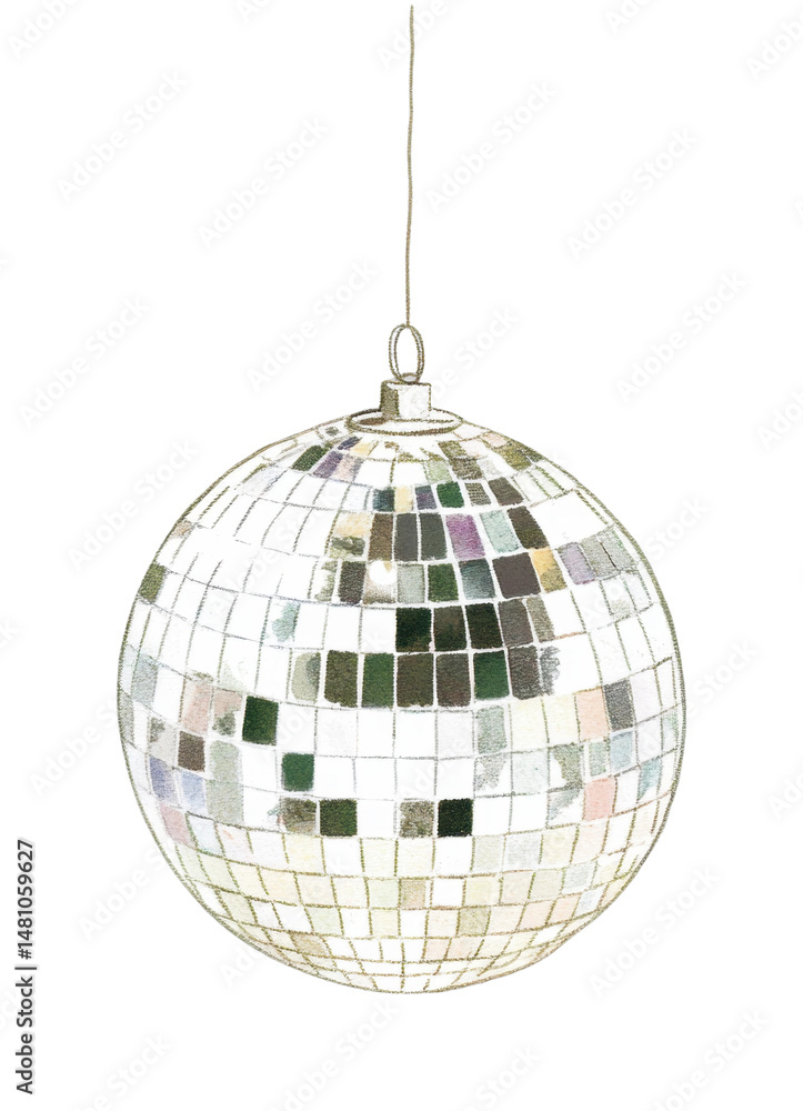 Fototapeta premium Reflective disco ball hanging from wire with square mirrors, cut out - stock png.