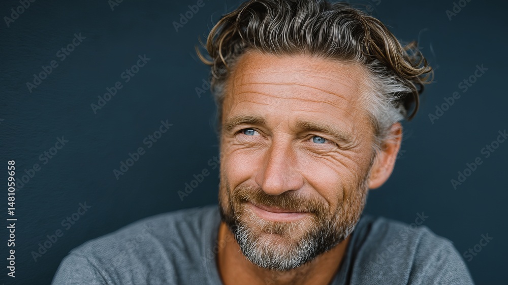 Fototapeta premium Portrait of a Handsome Mature Man Smiling Gently Blue Eyes Gray Hair Casual Style Studio Shot Happy Expression Relaxed Mood Attractive Male Model 