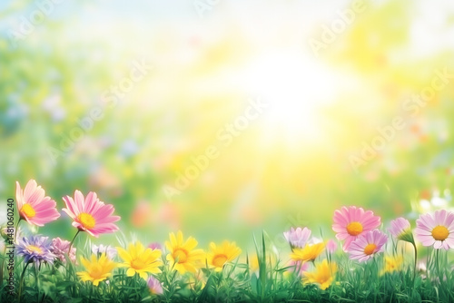 Sunlit Glade with Colorful Daisies and Fresh Green Grass Under Beautiful Rays of Daylight