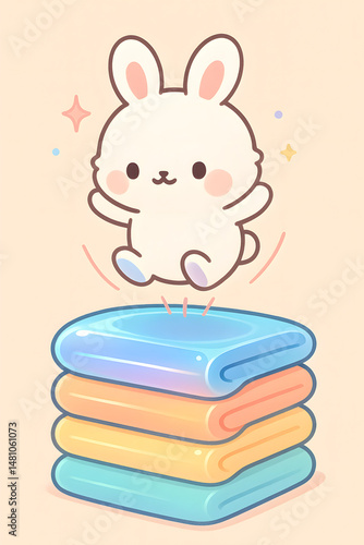 Kawaii cartoon bunny happily jumping on a colorful stack of soft, shiny towels in pastel tones, expressing playful energy and joy