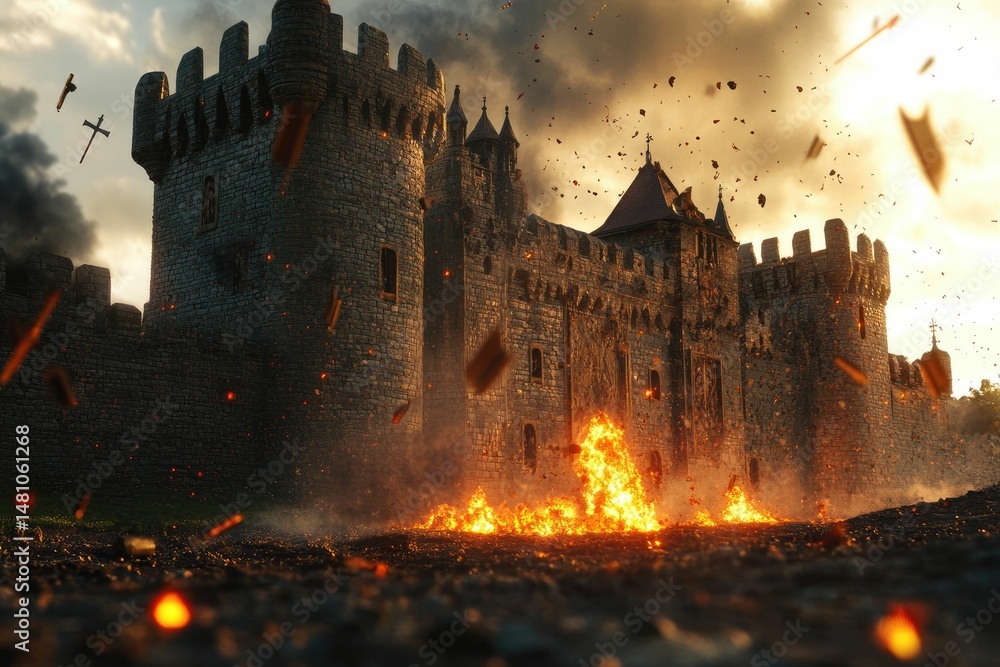 Fototapeta premium Stone castle ablaze, debris falling, fiery destruction.