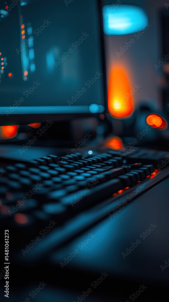 Dark room, illuminated keyboard, computer screen. Dark room, illuminated keyboard, computer screen.