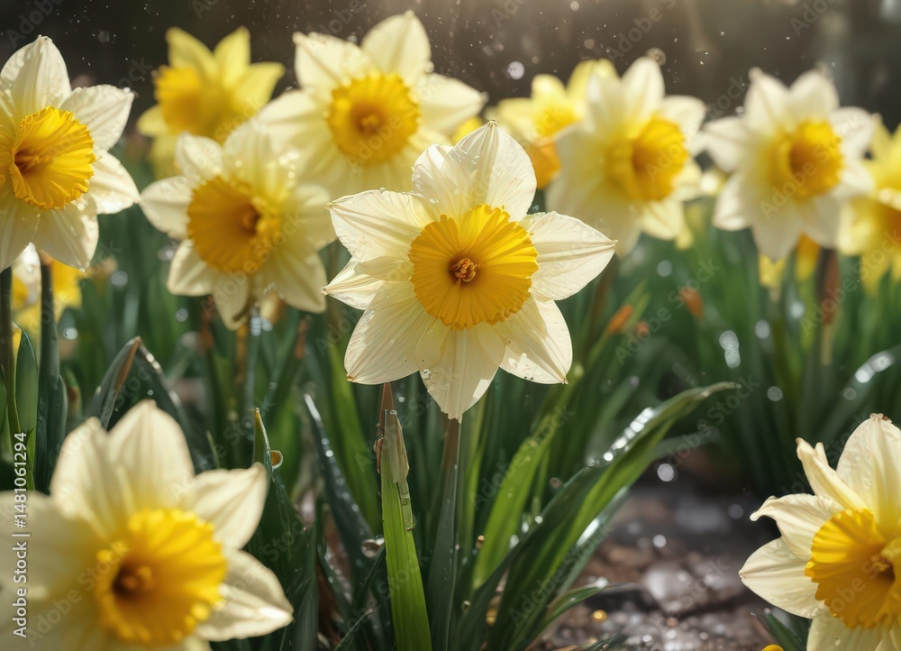Obraz premium Close-up vibrant daffodils, sunlit petals, dew drops, spring scene, spring bloom, picture, photography
