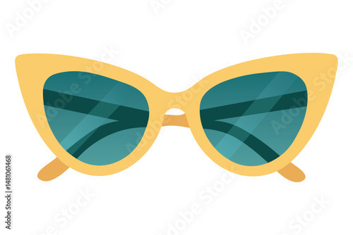 Chic cat eye sunglasses with yellow frame and teal lenses in modern flat cartoon vector style.