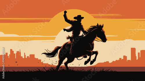 A silhouette of a rodeo cowboy riding a bucking horse with one arm raised against a dramatic sunset, isolated on white background