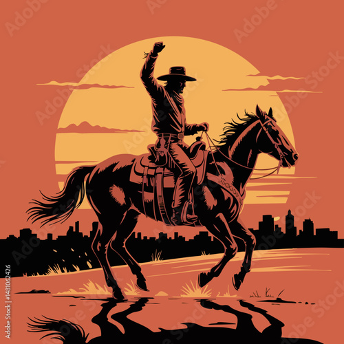 A silhouette of a rodeo cowboy riding a bucking horse with one arm raised against a dramatic sunset, isolated on white background