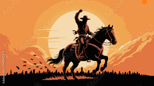 A silhouette of a rodeo cowboy riding a bucking horse with one arm raised against a dramatic sunset, isolated on white background