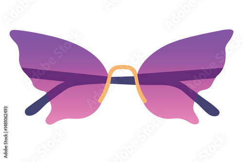 Fantasy butterfly shaped sunglasses with gradient purple lenses and gold bridge in playful flat style.