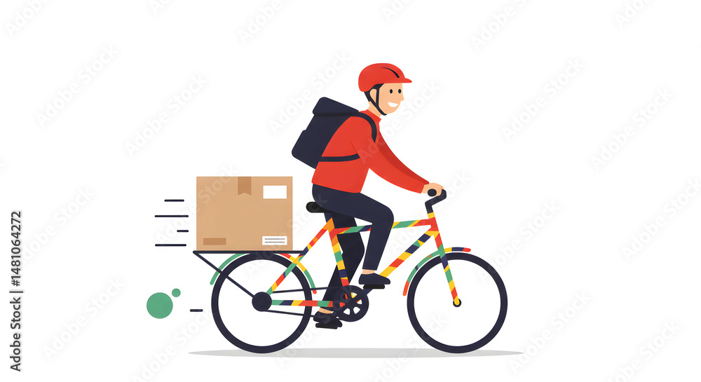 Fototapeta premium Courier riding bicycle delivering parcels quickly through the city.