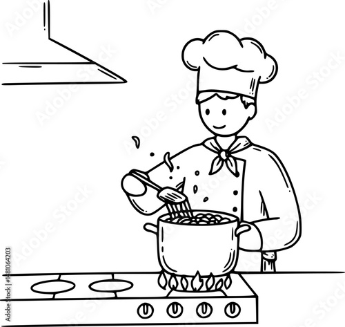 A chef boiling pasta in kitchen, doodle style illustration
