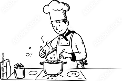 A chef boiling pasta in kitchen, doodle style illustration
