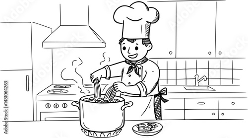 A chef boiling pasta in kitchen, doodle style illustration
