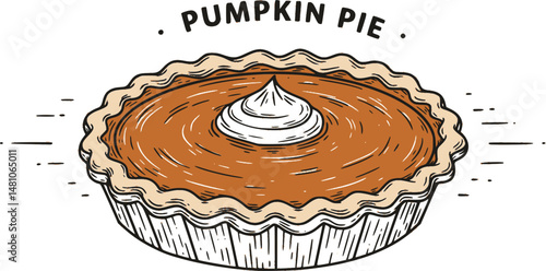 Pies Vector Illustration.Thanksgiving and Holiday Pumpkin Pie. Happy Thanksgiving Day traditional pumpkin pie with whipped cream on the top Web site page and mobile app design vector element