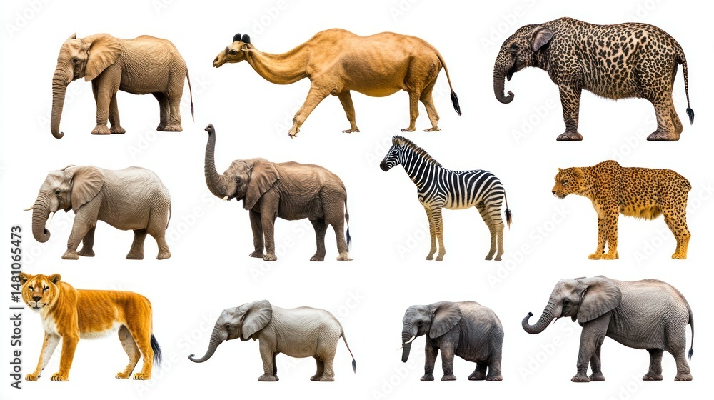 Fototapeta premium Collection of African animals on white background. Diverse group includes elephants, giraffes, zebras, and leopards
