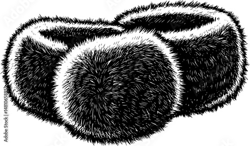 Bushy gray fox fur, furry striped brushes and pompoms, fuzzy and flocky hair shapes, winter design elements isolated on white background. Vector illustration 