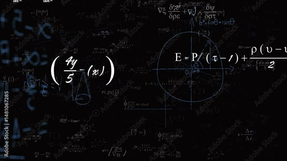 Digital canvas presenting white-blue formulas highlighting circle graph and equation in flat design