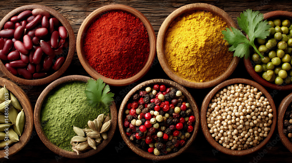 Fototapeta premium close-up photograph of a vibrant array of indian spices including turmeric powder, cumin seeds, coriander seeds, and chili powder arranged in small bowls,