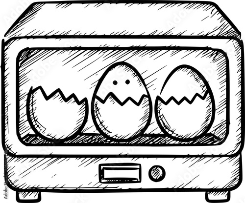 Egg incubator machine with rows of white eggs in controlled environment, showcasing process of hatching. setup emphasizes technology and precision in egg incubation, vector illustration