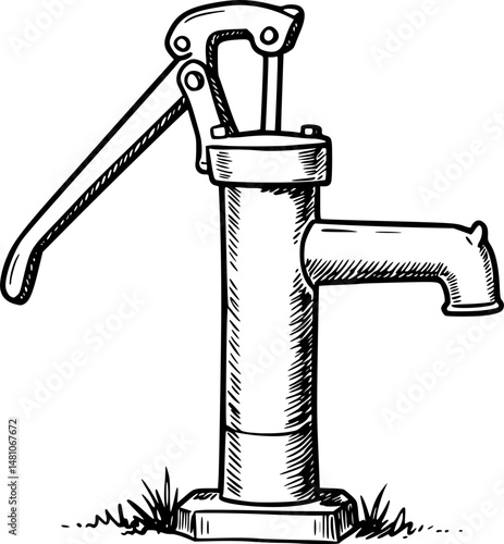 Hand pump or manual pump icon set. Consist of spout deep well, lever handle, pipe and body above ground at outdoor, garden for suction source groundwater from shallow borehole at countryside isolated.