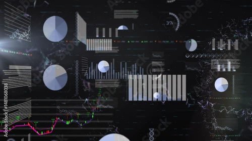 Floating vertical bar chart featuring pie chart overlay, showing translucent data graphs layering